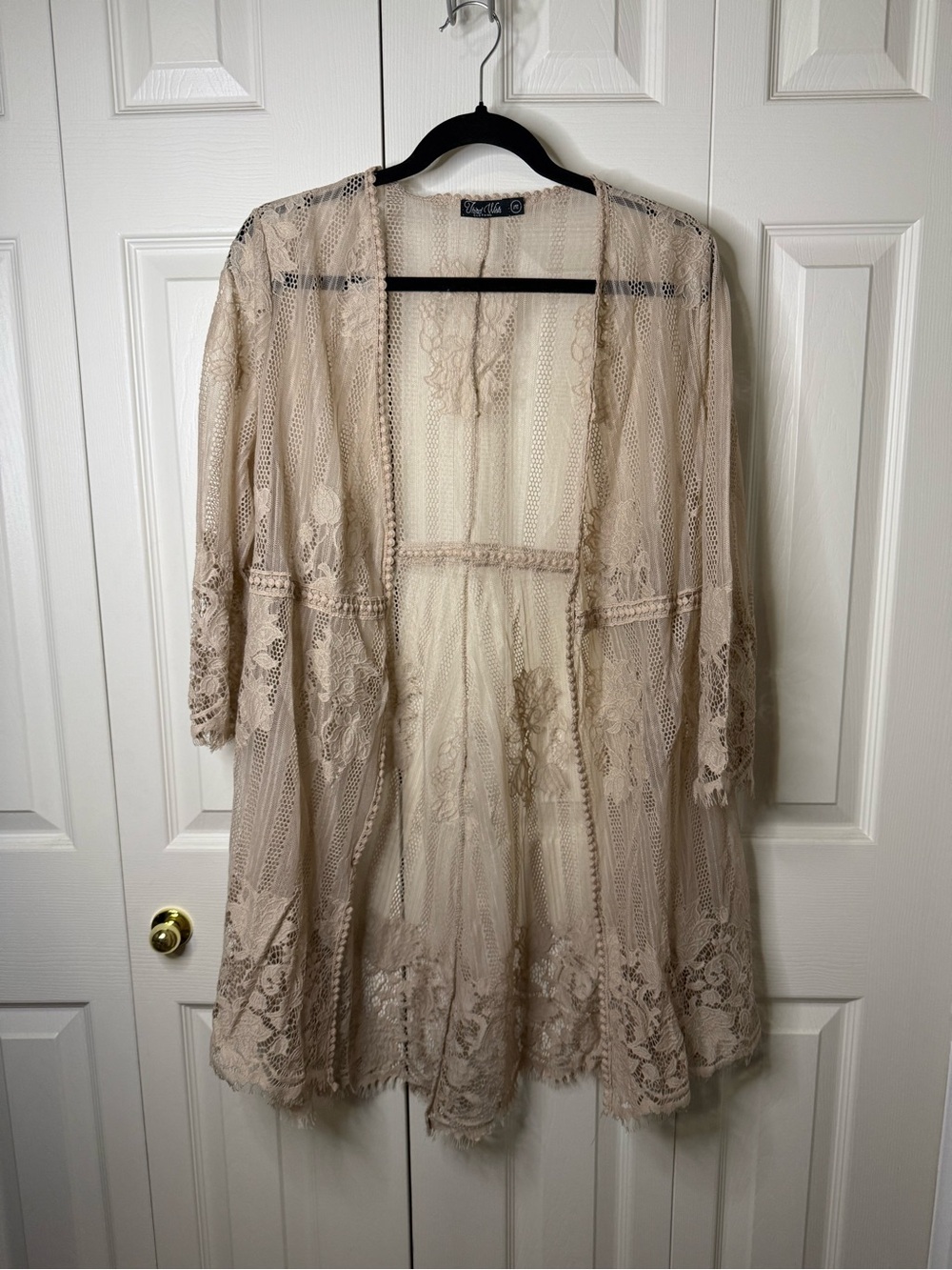 Sheer Lace Kimono Robe in Cream by Unbranded